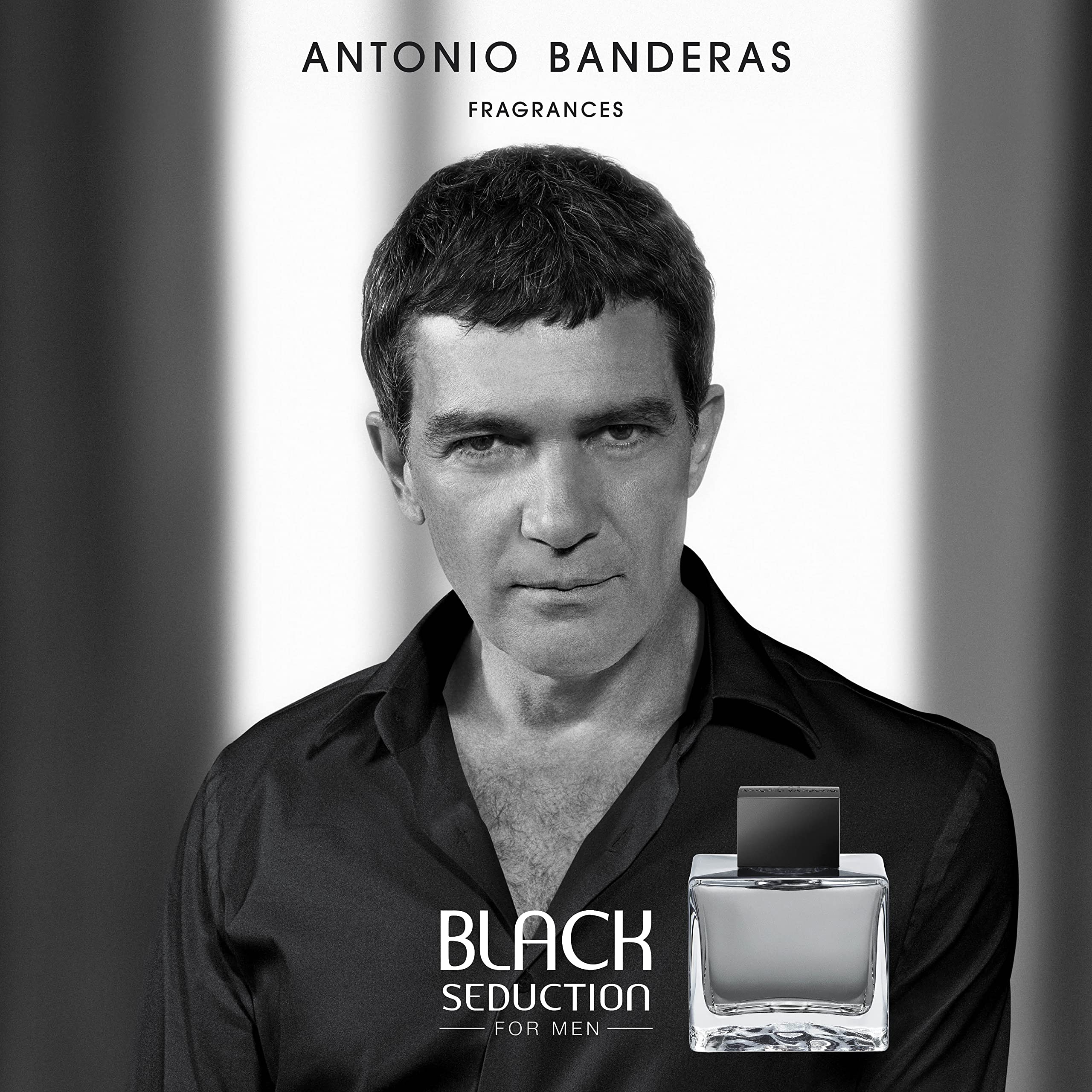 Banderas Black Seduction bottle back highlights a bold, masculine design for daily wear.