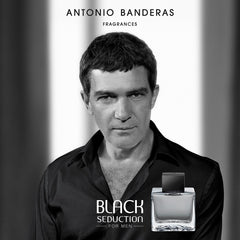 Banderas Black Seduction bottle back highlights a bold, masculine design for daily wear.