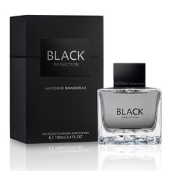 Banderas Black Seduction bottle front shows an elegant amber-woody scent for evenings.