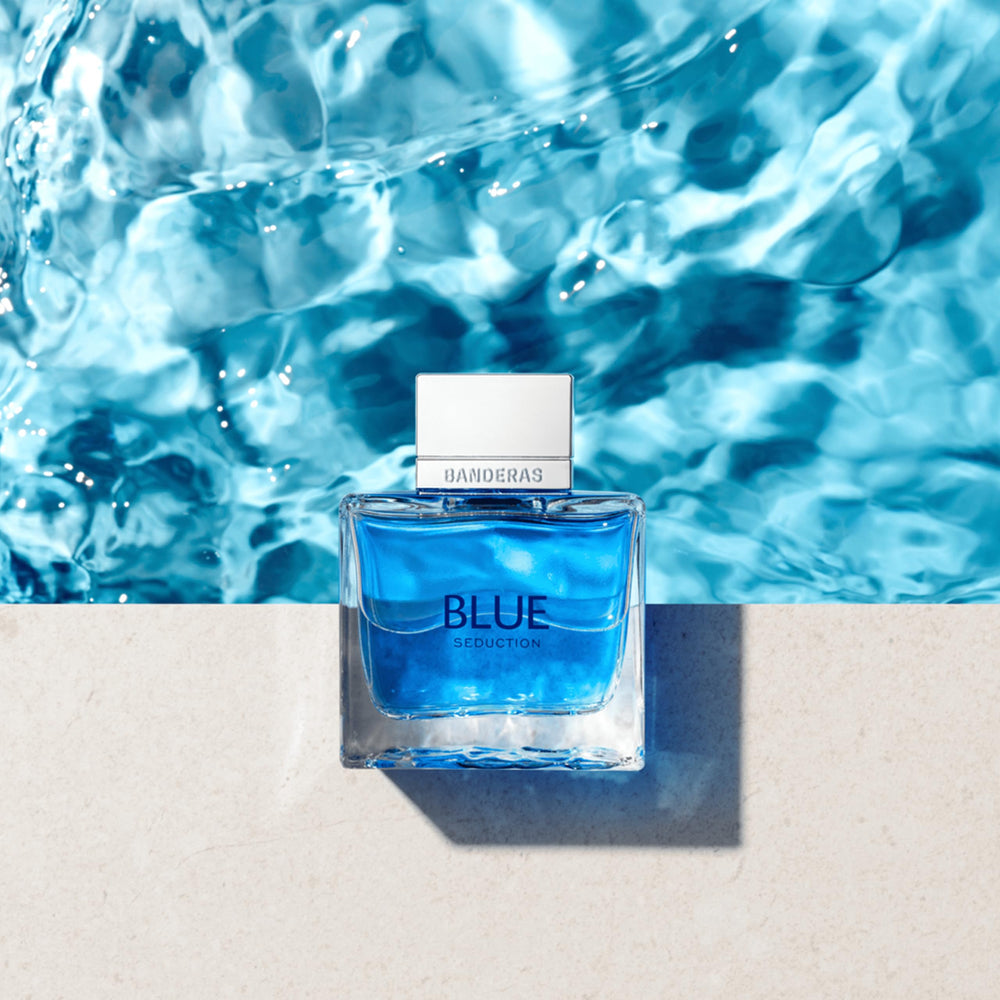 Banderas Blue Seduction box packaging highlighting long lasting casual fragrance.