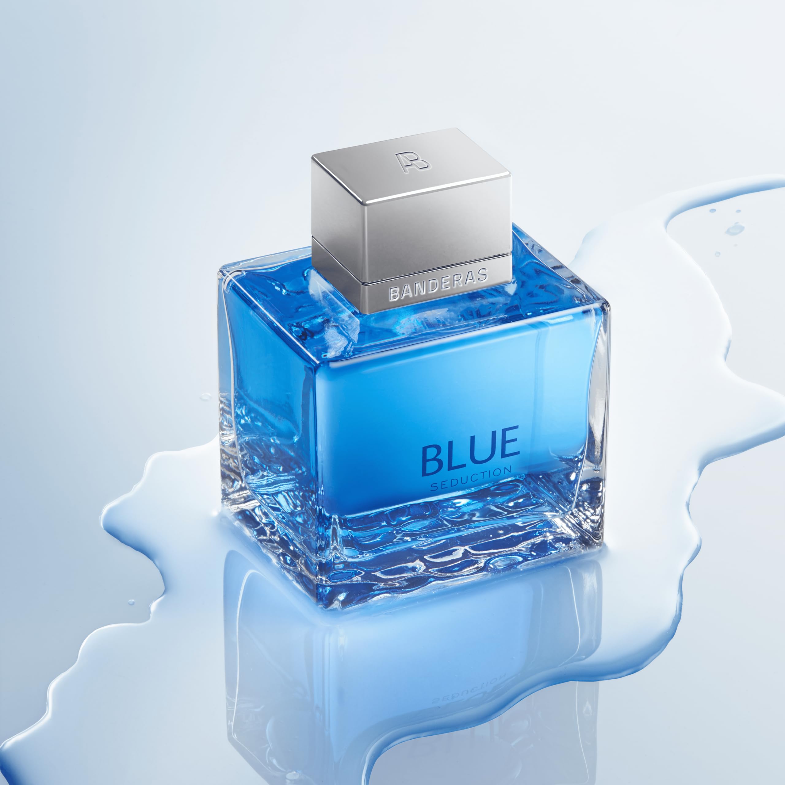 Banderas Blue Seduction display on shelf evokes bold, sophisticated vibe.