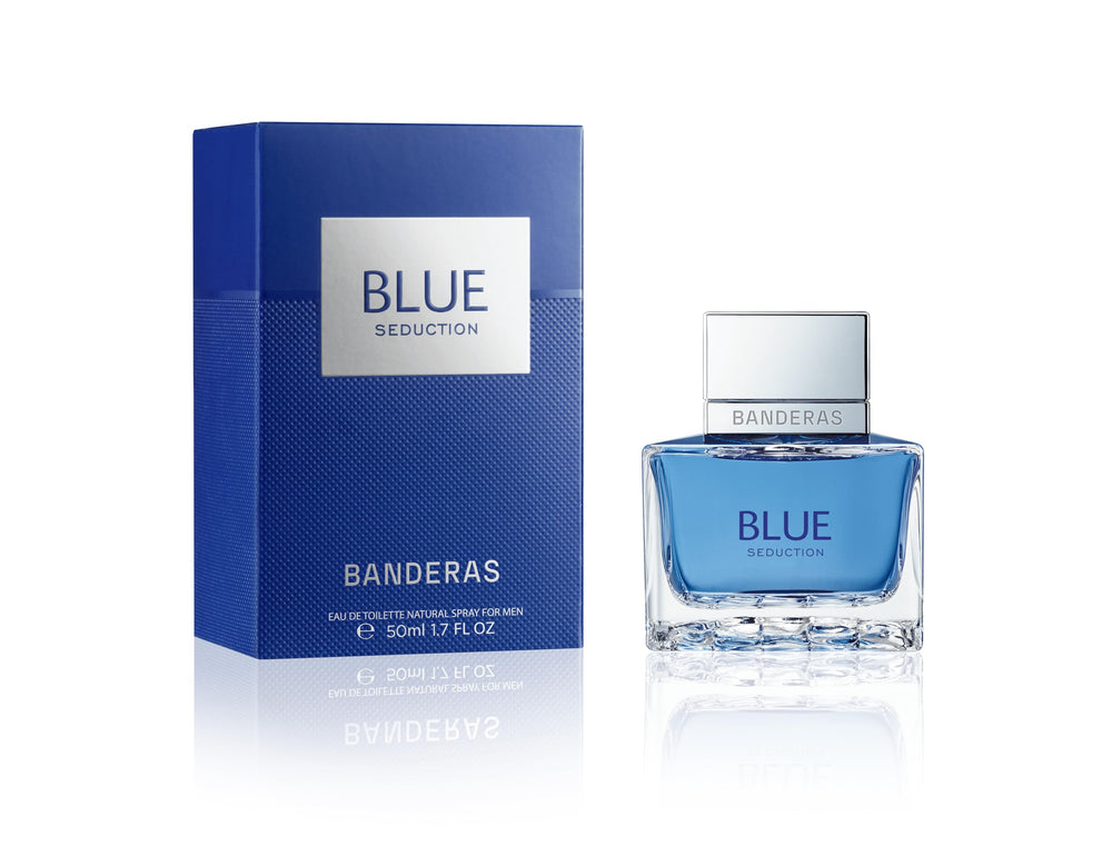 Banderas Blue Seduction label closeup showing premium branding.