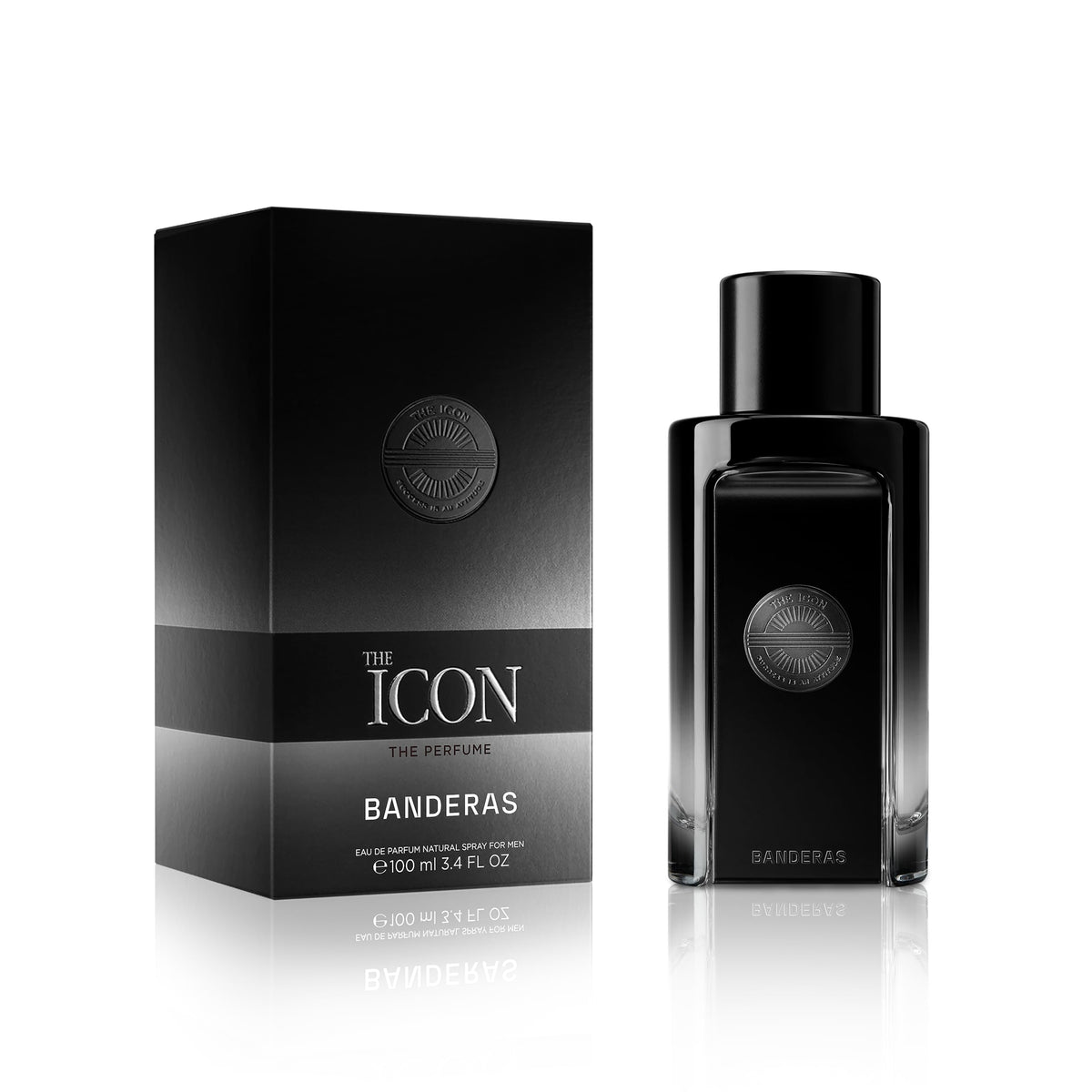 Banderas The Icon bottle front shows bold, long-lasting scent for evenings.