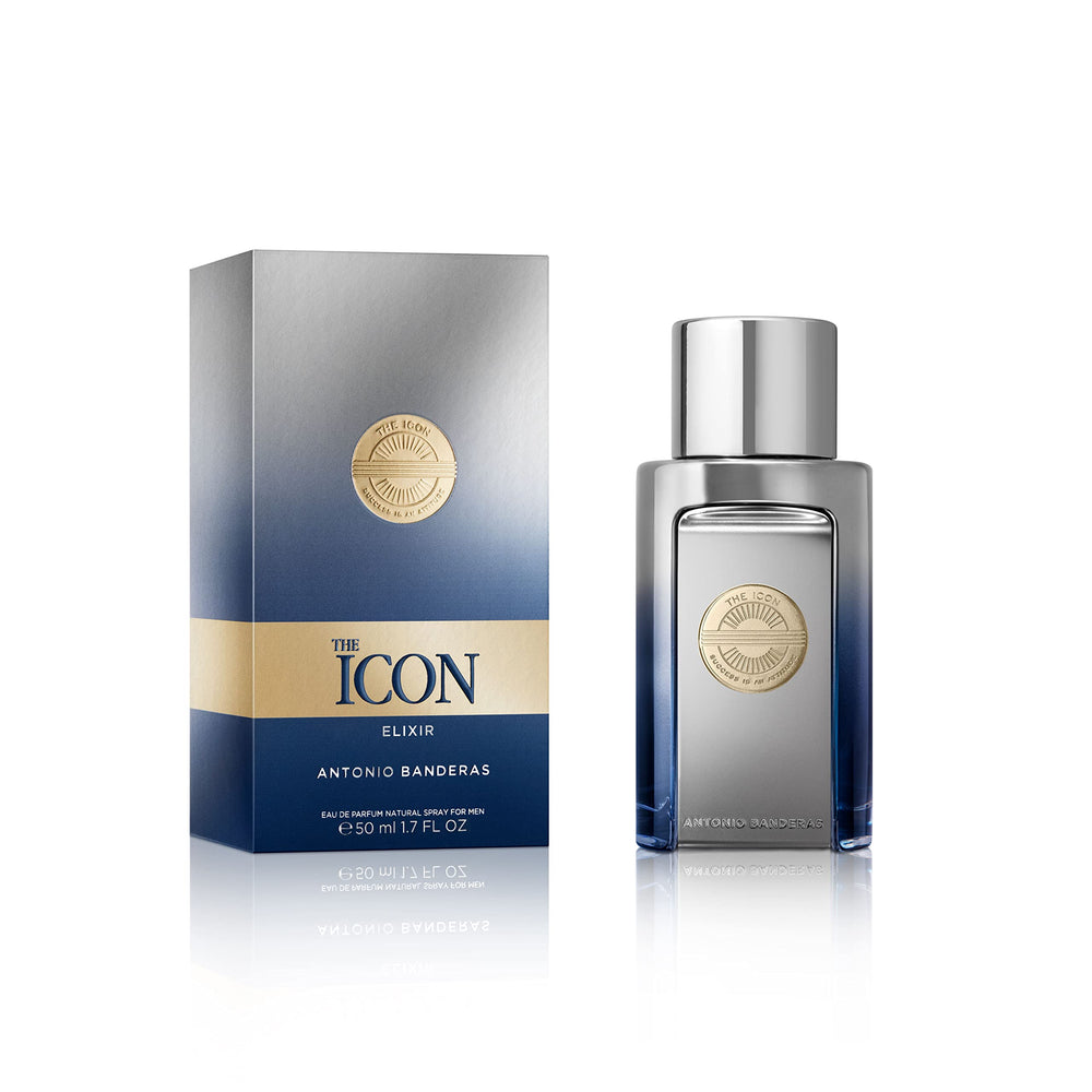 Banderas Icon Elixir bottle front view for confident event-ready style.