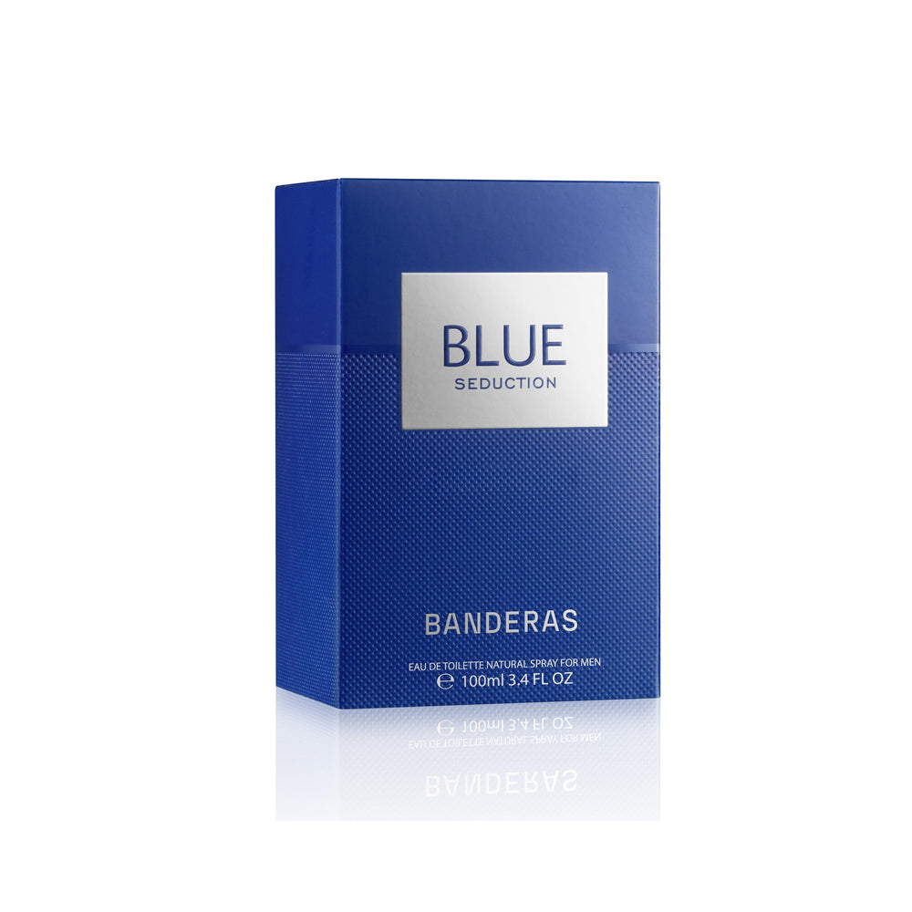 Seducción Azul de Banderas, detalle del frasco resaltando su diseño.