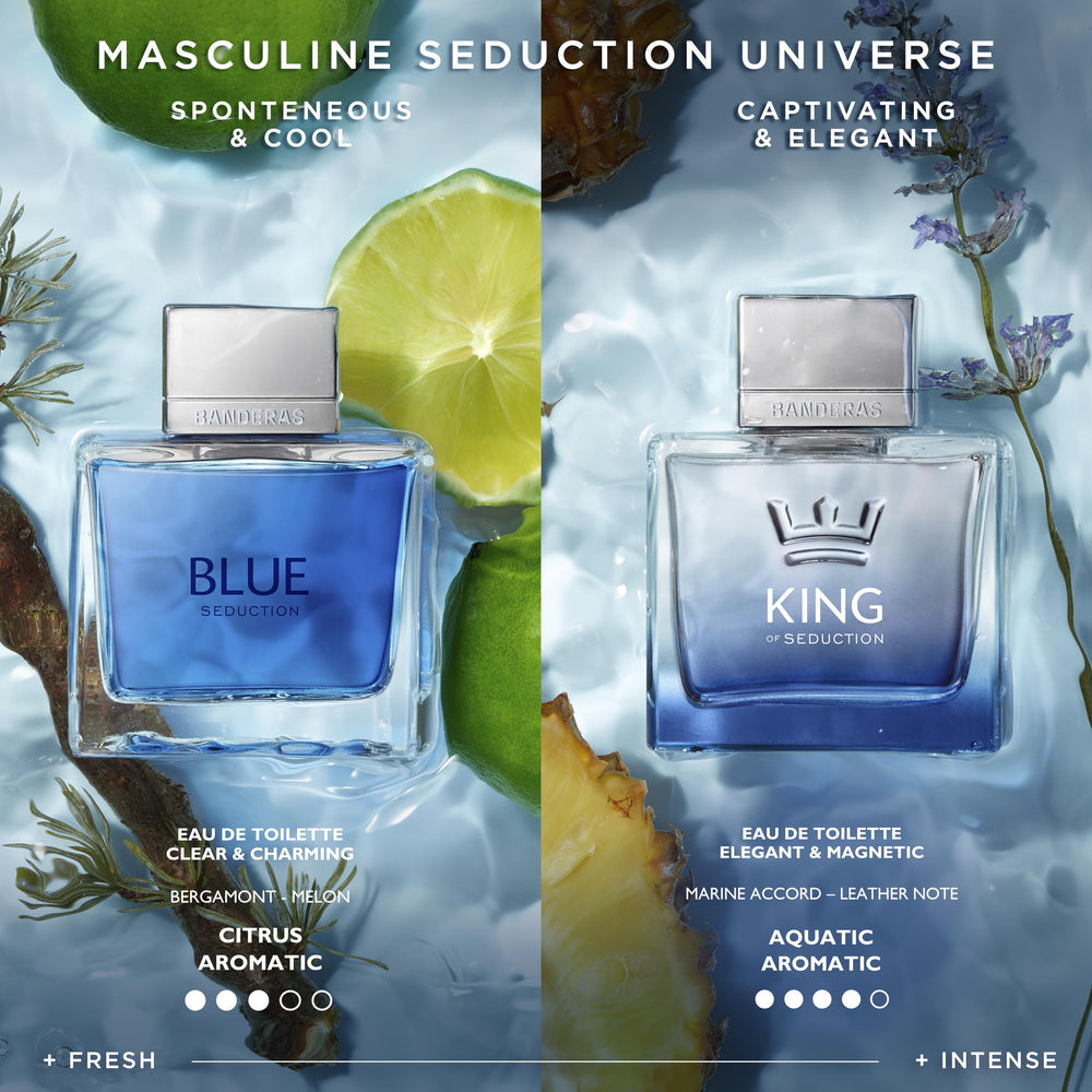 Seducción Azul de Banderas, difusión suave en el aire para presencia discreta.