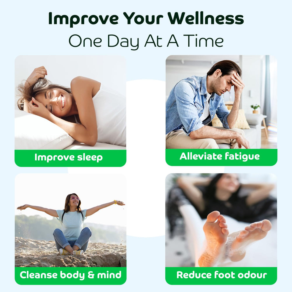 Bandoo Foot Pads Original Rana applied to feet for overnight use.