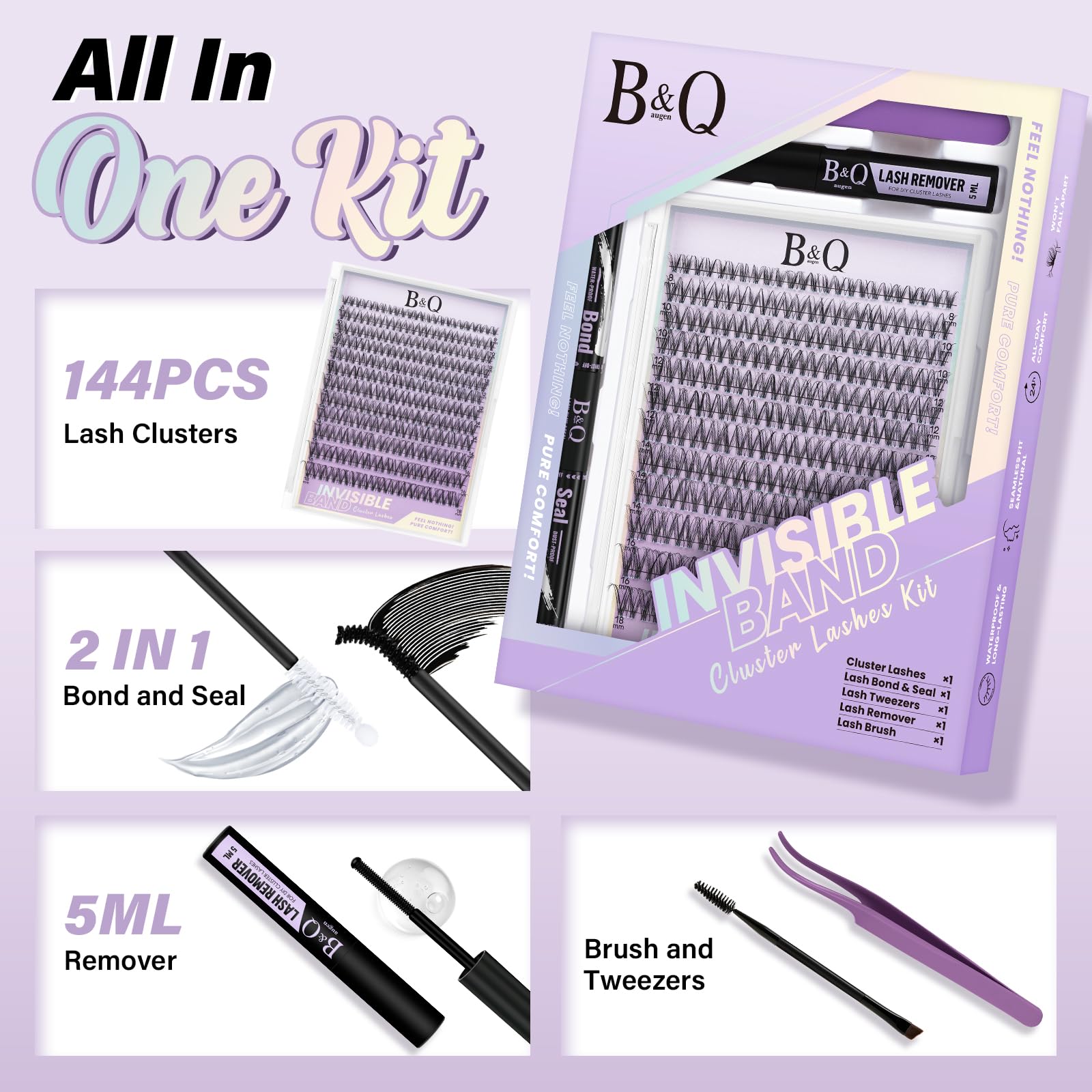 B&Qaugen Venus Lash Clusters Kit clear band hugs lids.