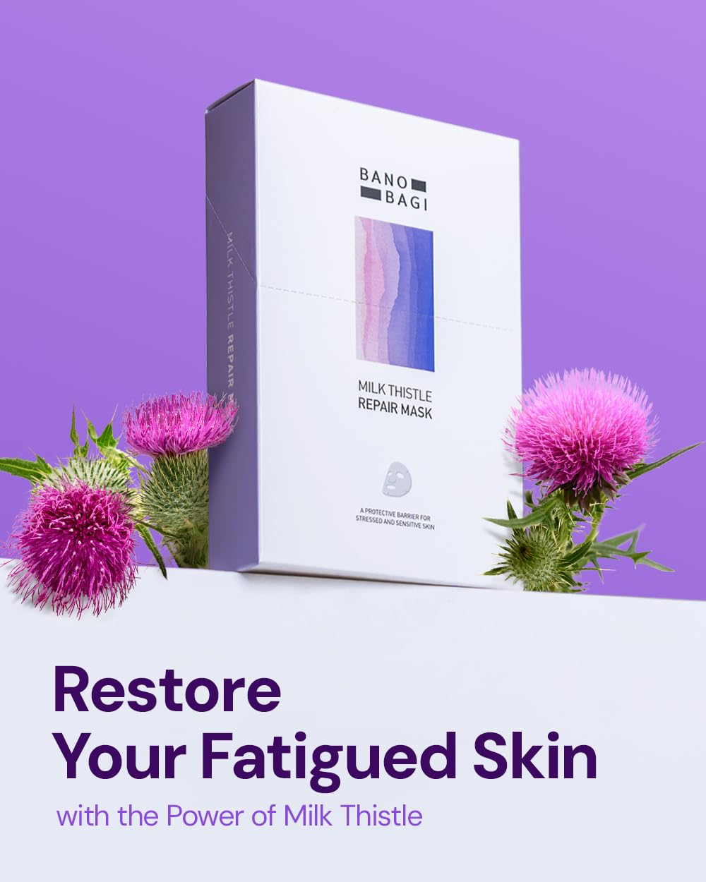 Banobagi Milk Thistle Repair Mask centella extract highlights soothing properties for stressed skin.