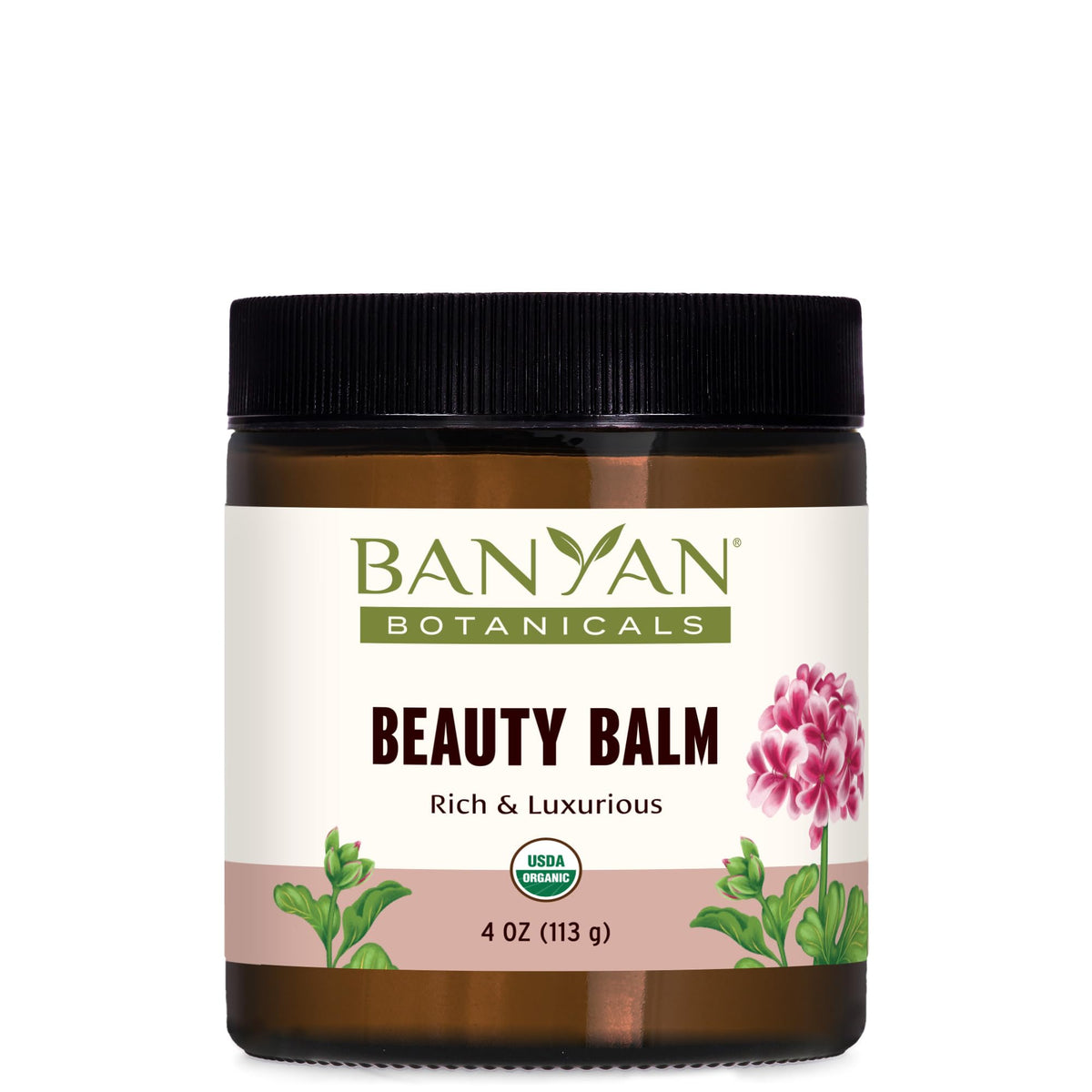Banyan Botanicals Beauty Balm jar with rose geranium for moisturized skin.