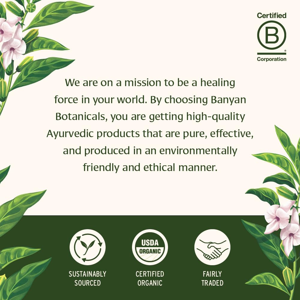 Banyan Botanicals Healthy Hair Tablets bottle back lists organic, non-GMO ingredients for quality.