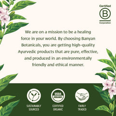 Banyan Botanicals Healthy Hair Tablets bottle back lists organic, non-GMO ingredients for quality.