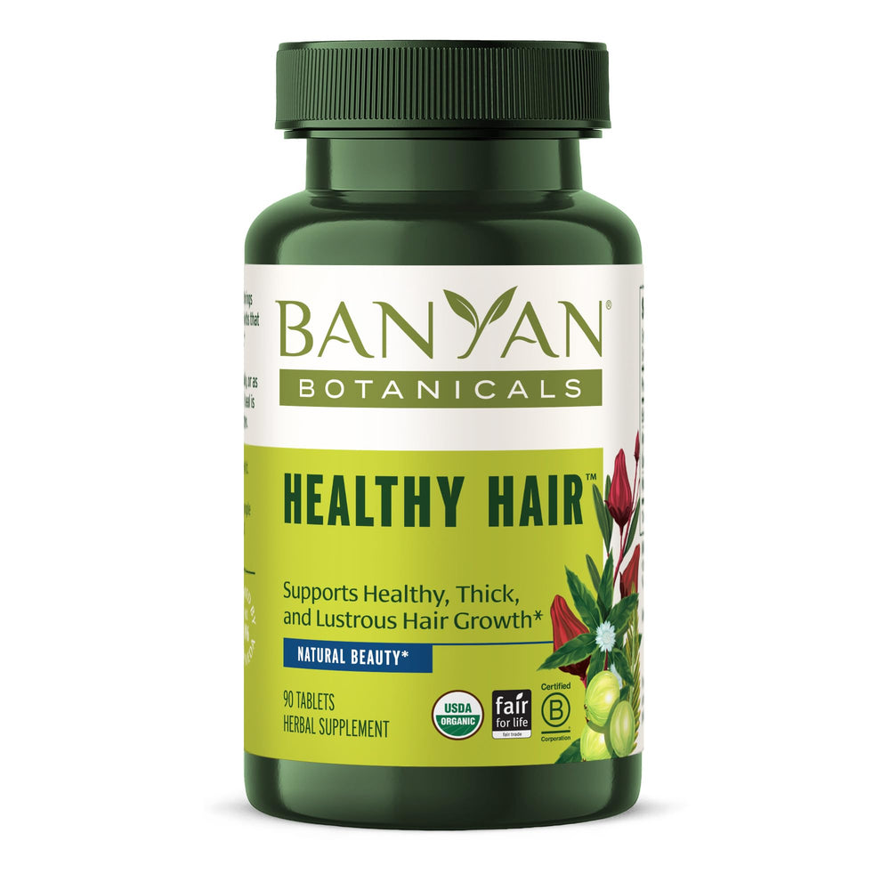 Banyan Botanicals Healthy Hair Tablets bottle front showing vegan Ayurvedic hair support.