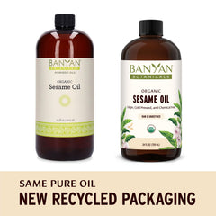 Banyan Botanicals Sesame Oil close-up highlights organic sourcing and purity