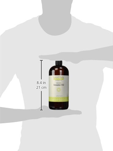 Banyan Botanicals Sesame Oil packaging highlighting organic non-GMO sustainably sourced