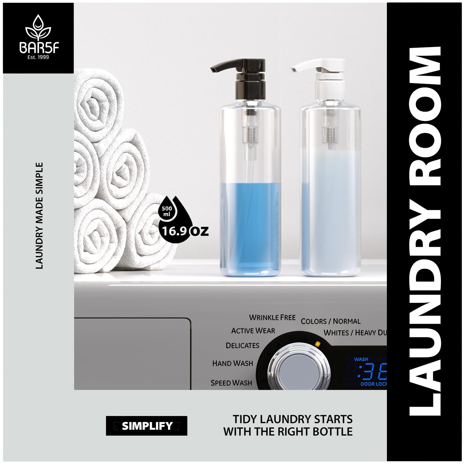 Bar5F bottle shown in bathroom setup for easy hand soap or lotion access.