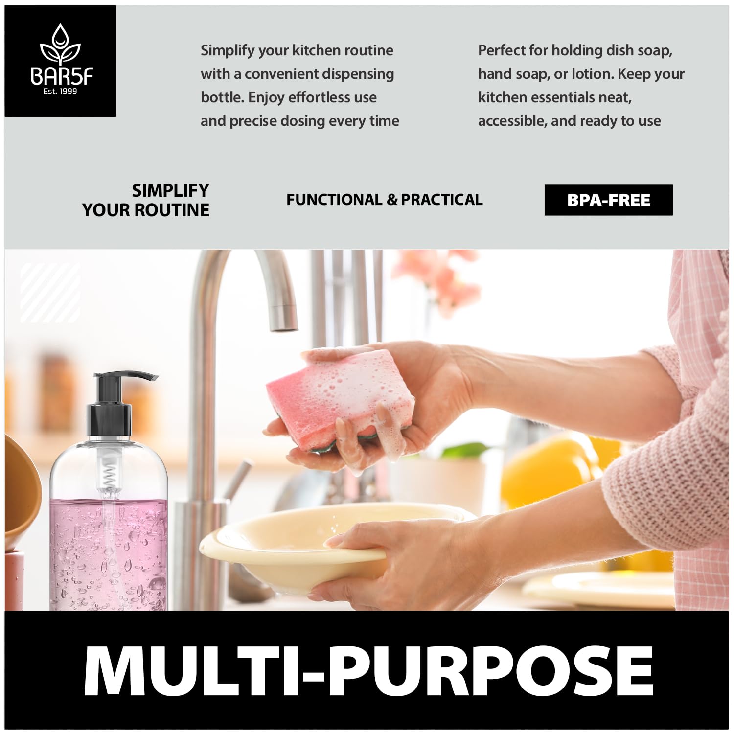 Bar5F crystal-clear dispenser with pump demonstrates durable, reusable design ideal for frequent refills