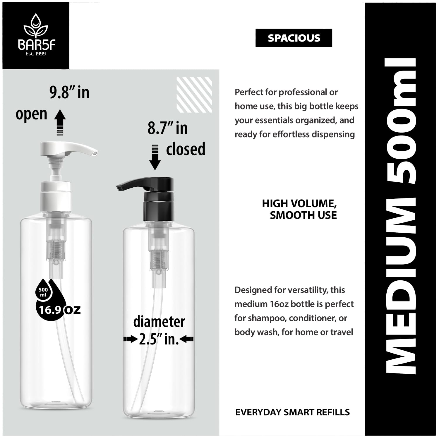 Bar5F lotion bottles pump-dispense view emphasizes controlled, accurate dosing.