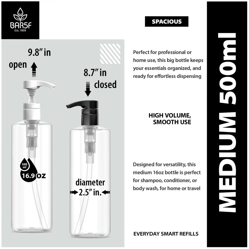 Bar5F lotion bottles pump-dispense view emphasizes controlled, accurate dosing.