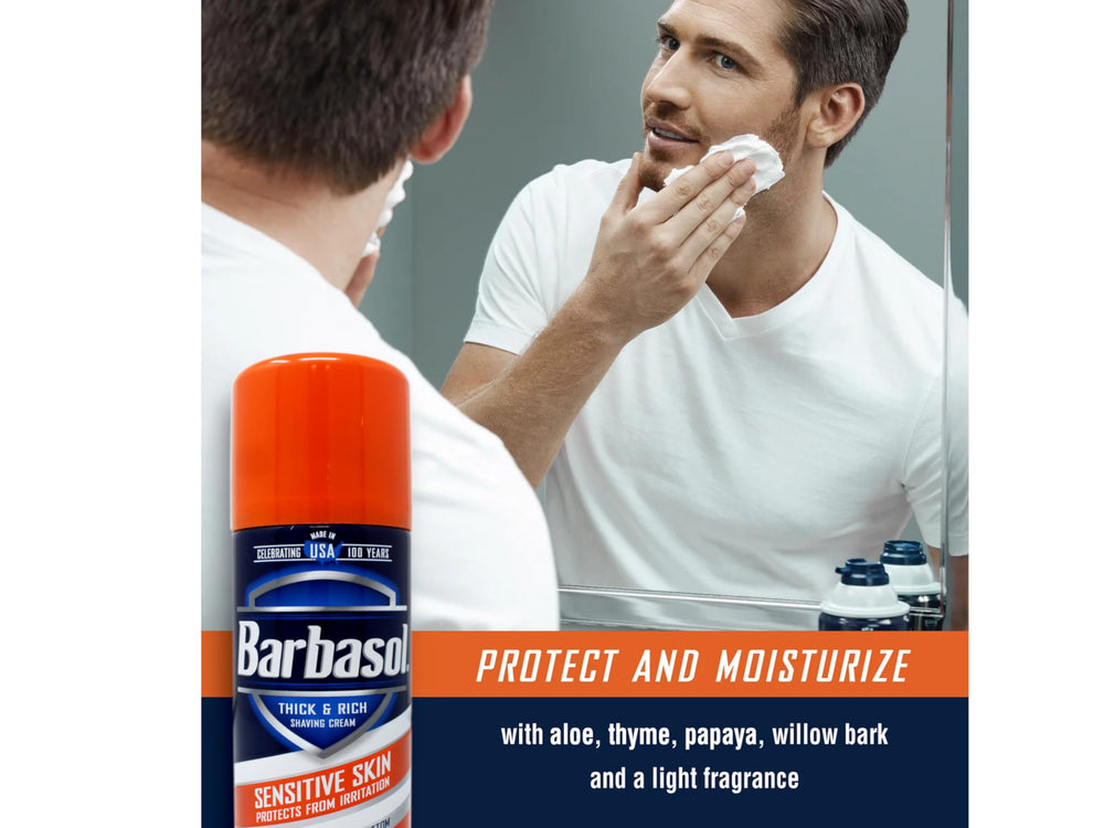 Barbasol 3-pack cans on countertop highlighting long-lasting supply.