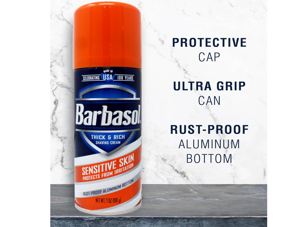 Barbasol Sensitive Shave Cream label showing 7oz capacity for daily use.