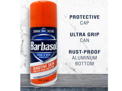 Barbasol Sensitive Shave Cream label showing 7oz capacity for daily use.