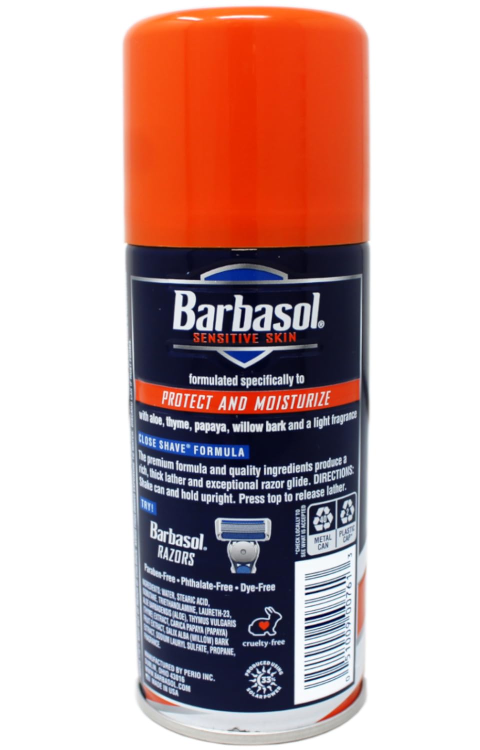 Barbasol sensitive skin shave cream packaging on shelf.