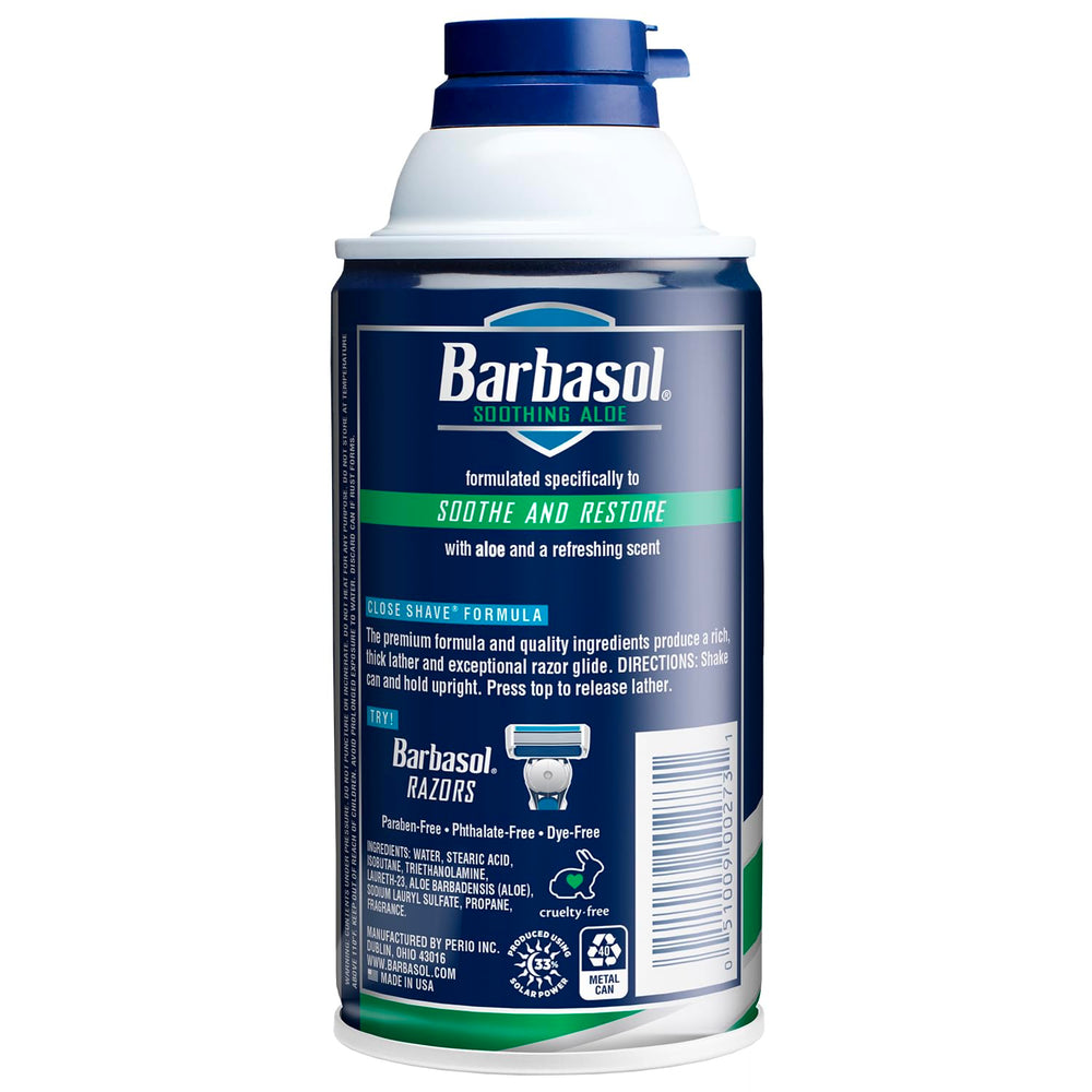 Barbasol Soothing Aloe shaving cream applying to face for easy glide and hydrated skin.