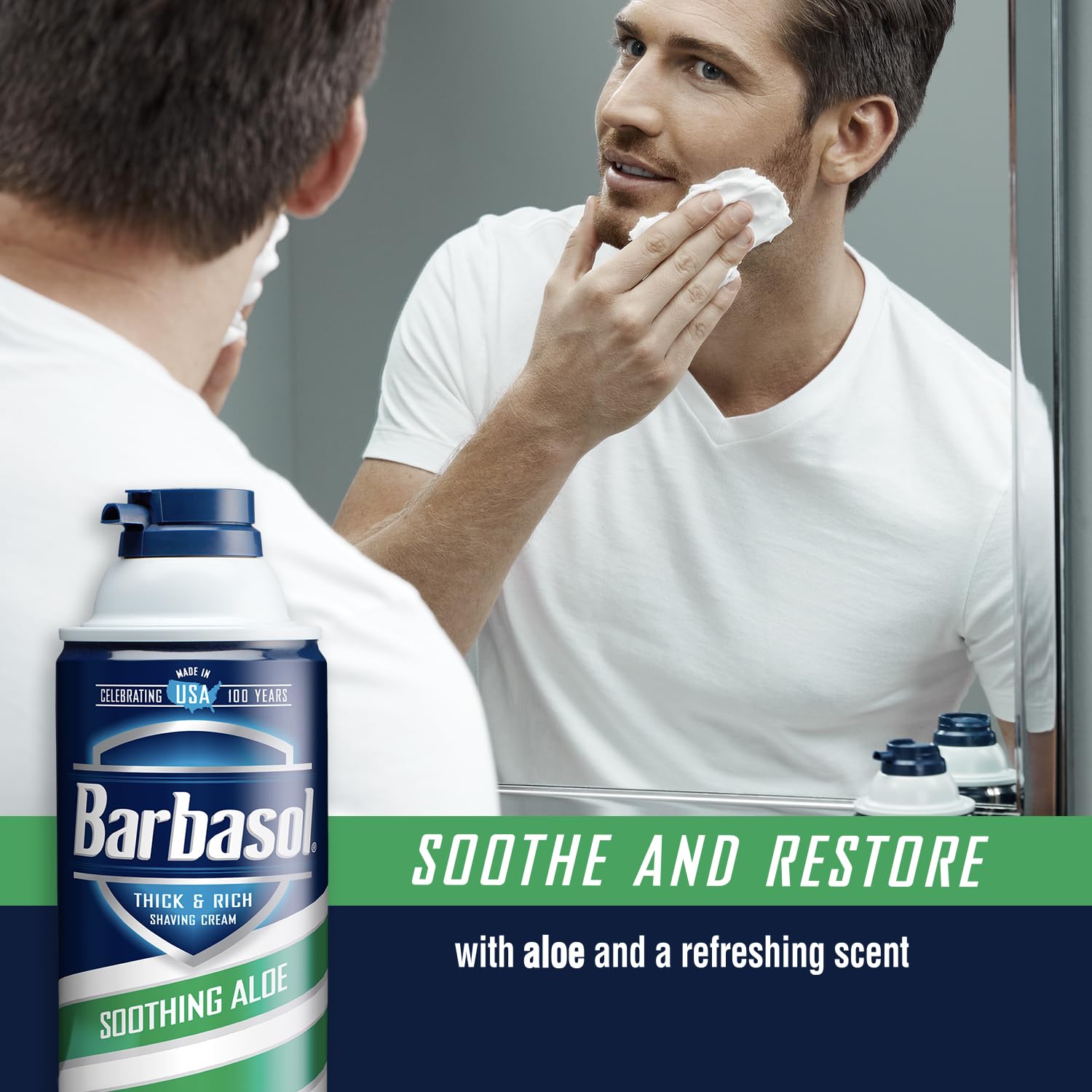 Barbasol Soothing Aloe packaging box emphasizing paraben-free, dye-free formula for sensitive skin.
