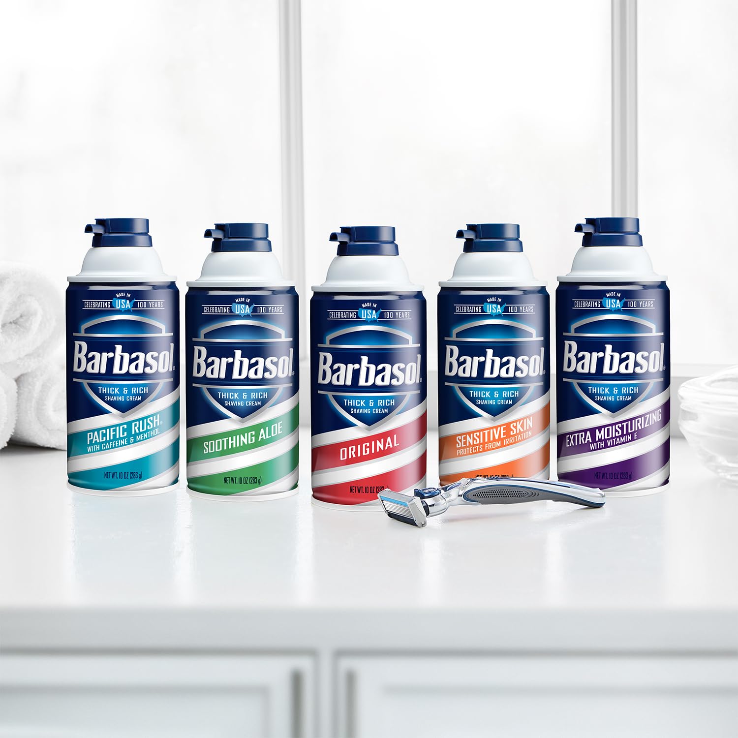Barbasol Soothing Aloe shaving routine with razor implies enhanced comfort and protection.