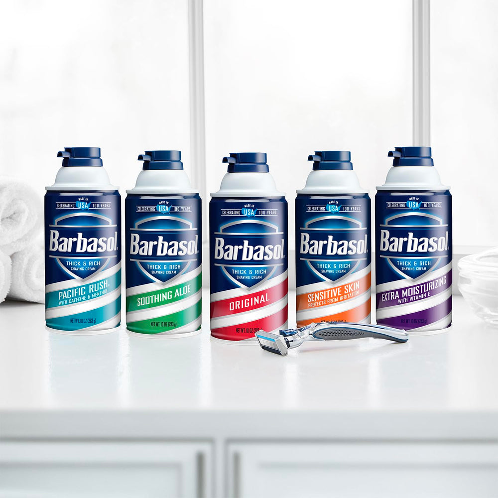 Barbasol Soothing Aloe shaving routine with razor implies enhanced comfort and protection.