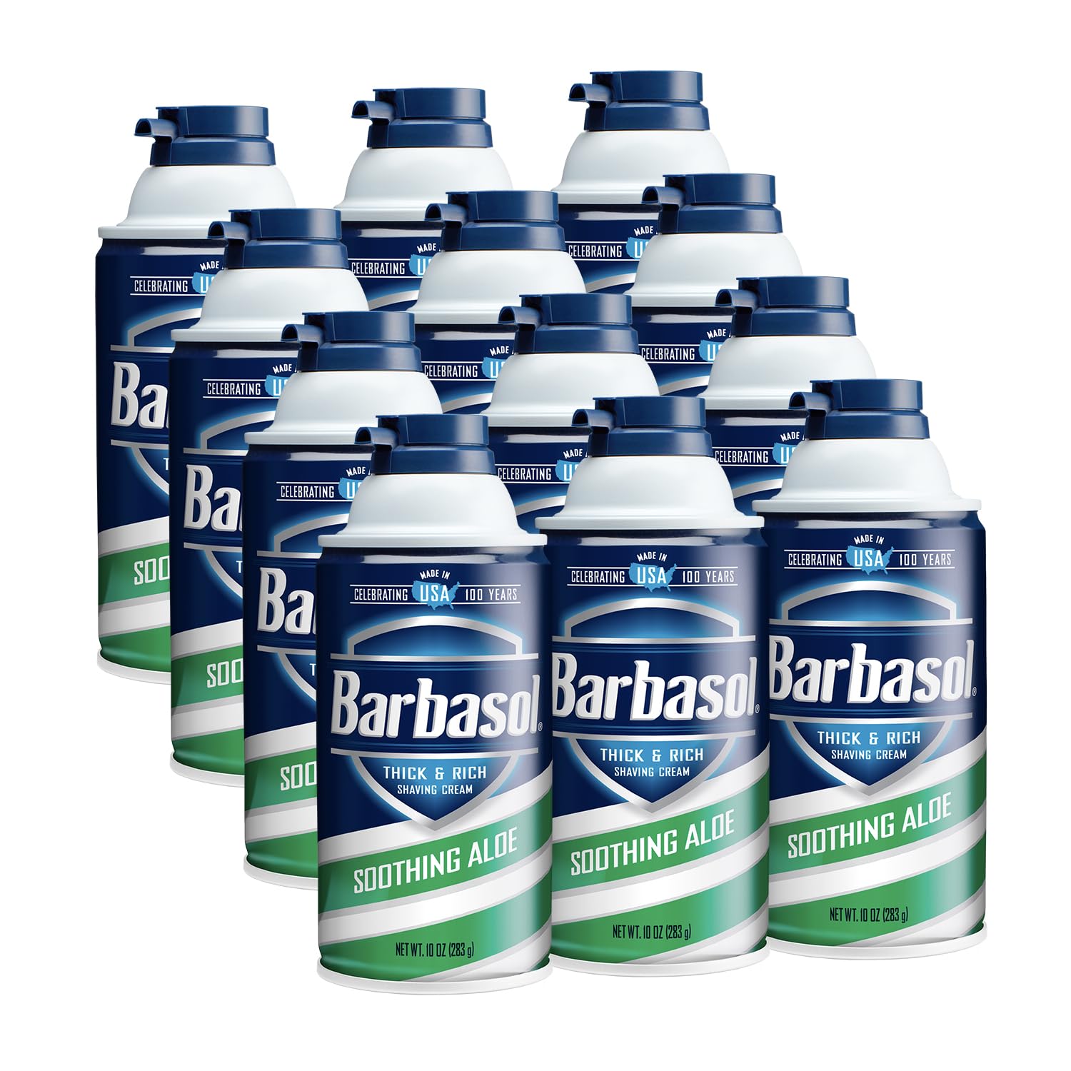 Barbasol Soothing Aloe thick and rich shaving cream 10oz jar delivering a luxurious, protective lather.