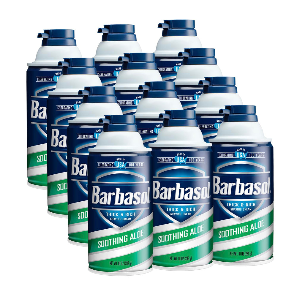 Barbasol Soothing Aloe thick and rich shaving cream 10oz jar delivering a luxurious, protective lather.
