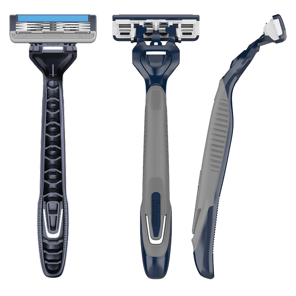 Barbasol Ultra 3 razor non-slip grip for confident handling in wet conditions.