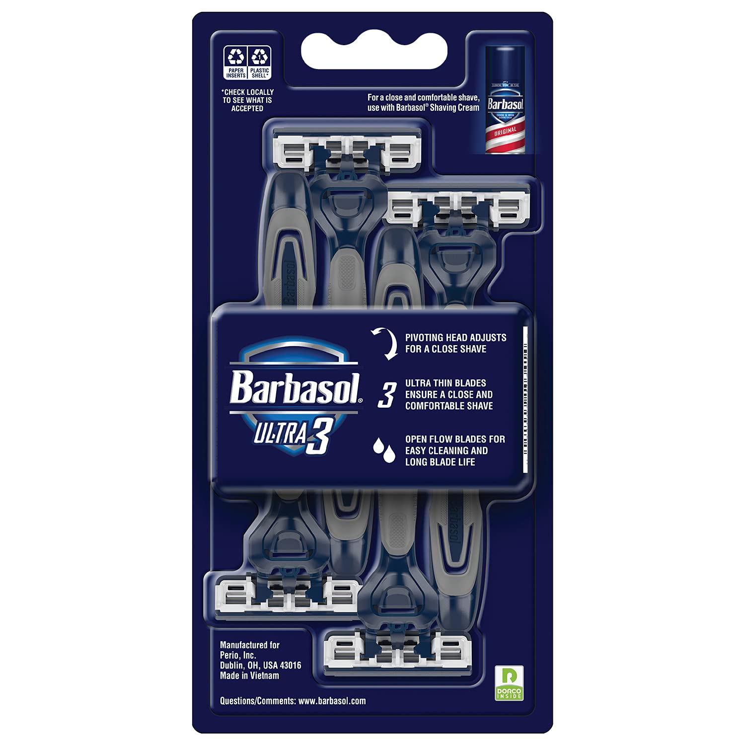 Barbasol Ultra 3 razor pivoting head enables a close, personalized shave.