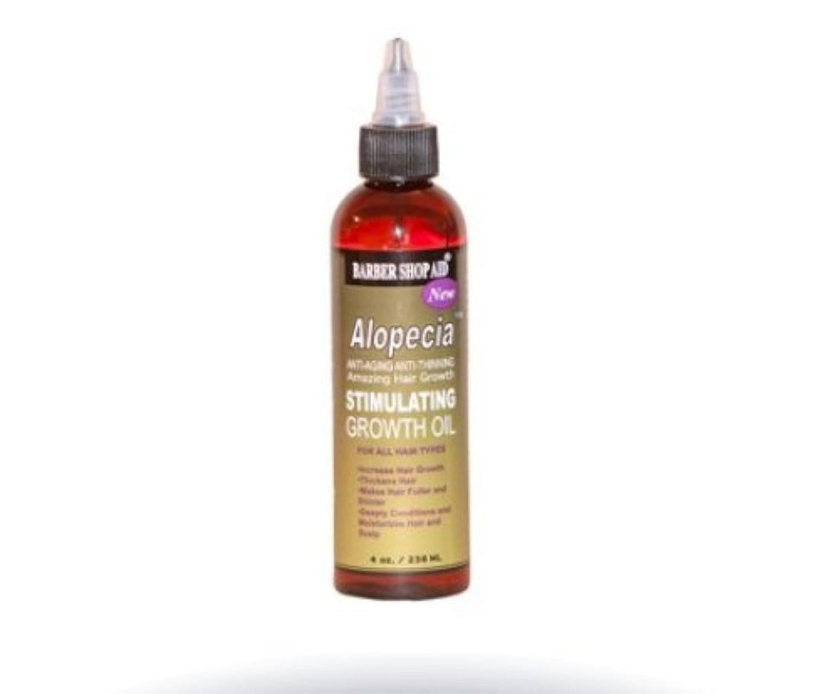 Barber Shop Aid alopecia oil bottle pour supports scalp nourishment and healthier-looking hair.