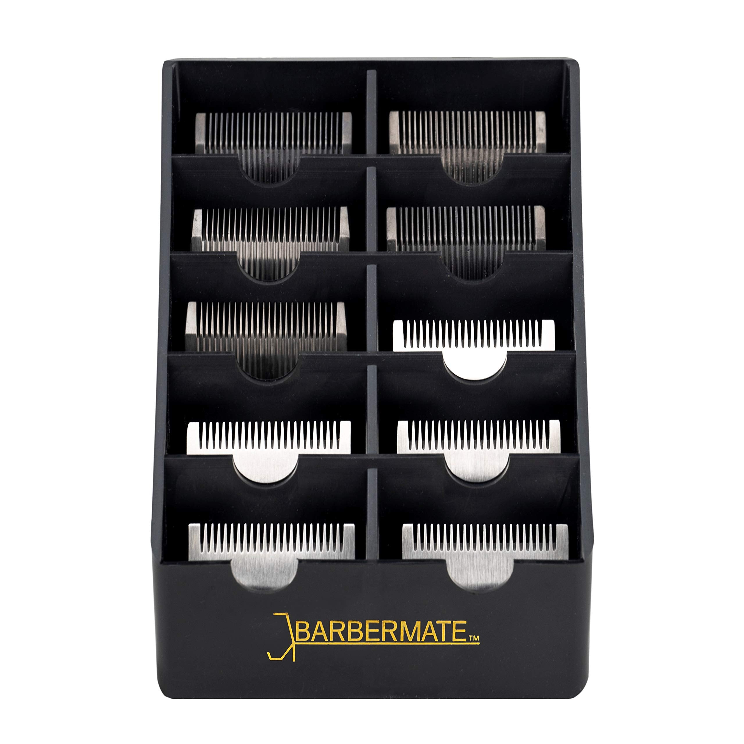 BarberMate blade rack front view shows organized blade storage for quicker trims