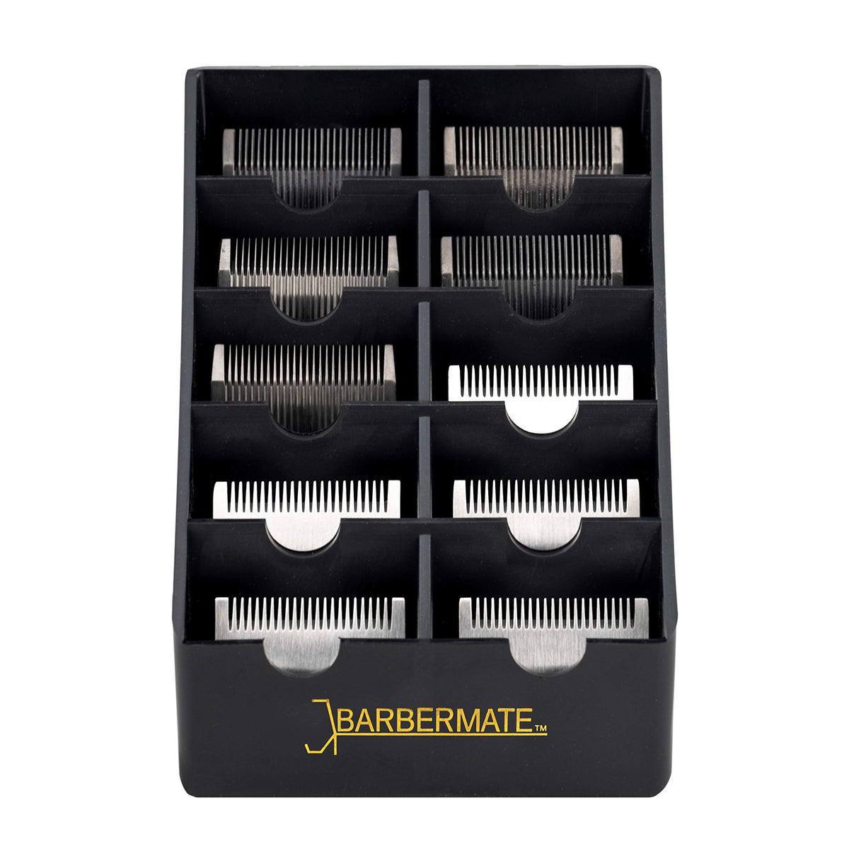 BarberMate blade rack front view shows organized blade storage for quicker trims