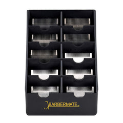 BarberMate blade rack front view shows organized blade storage for quicker trims