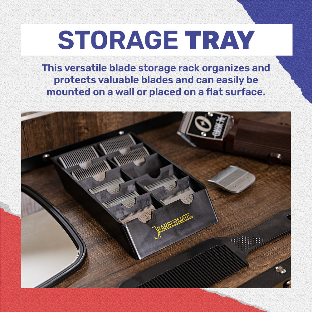 BarberMate blade rack close-up reveals durable matte finish for long-lasting use