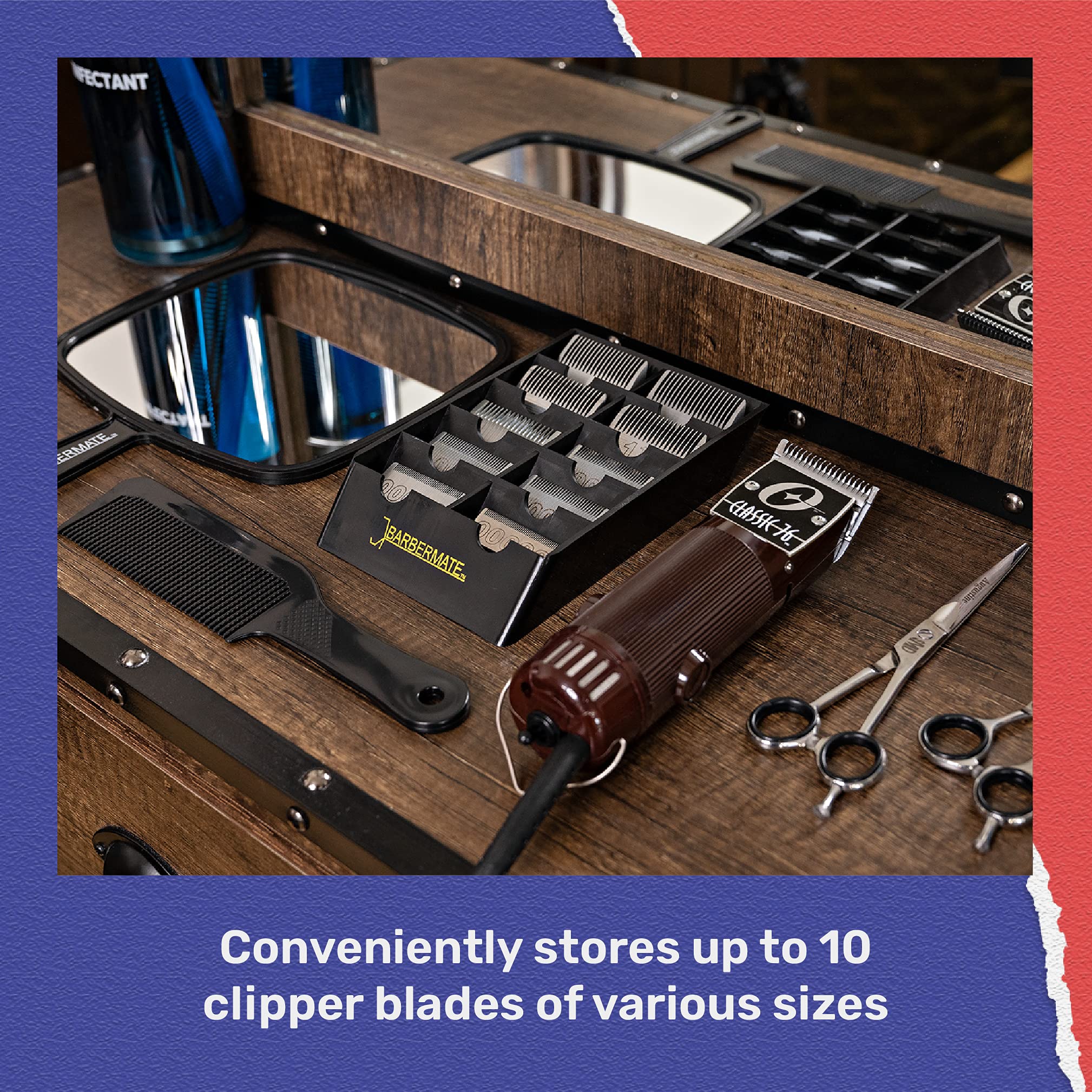 BarberMate blade rack desk setup highlights tidy barber station organization