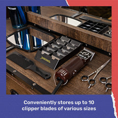BarberMate blade rack desk setup highlights tidy barber station organization