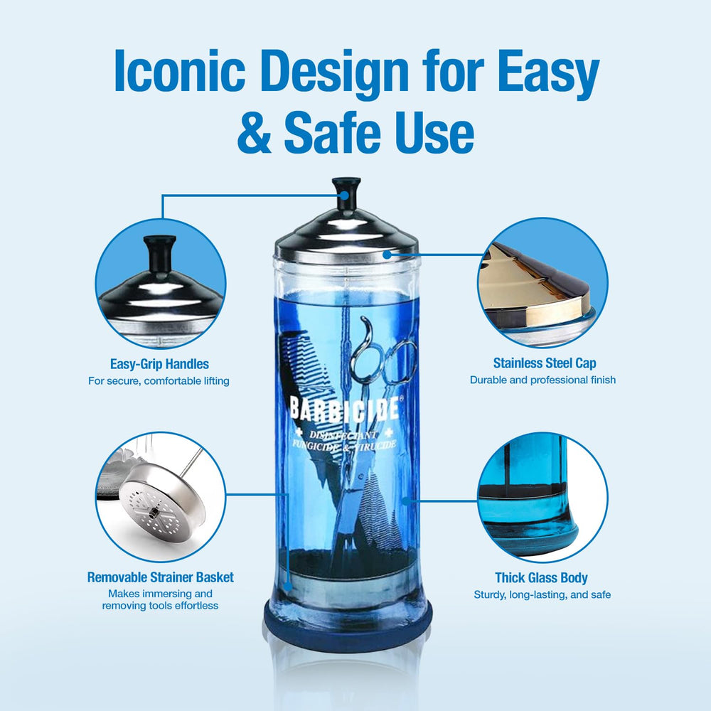 Barbicide disinfecting jar easy-grip handle offers comfortable lifting with minimal splashes.