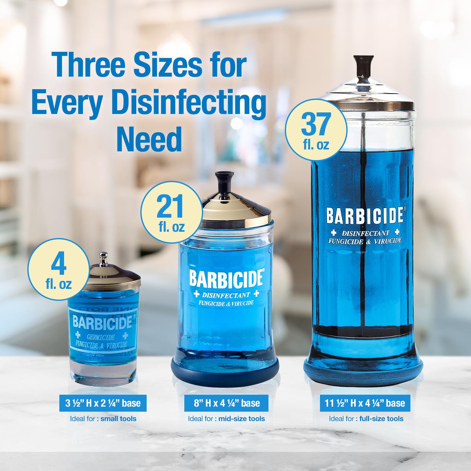 Barbicide disinfecting jar stainless steel cap keeps lids secure during daily salon sanitation.