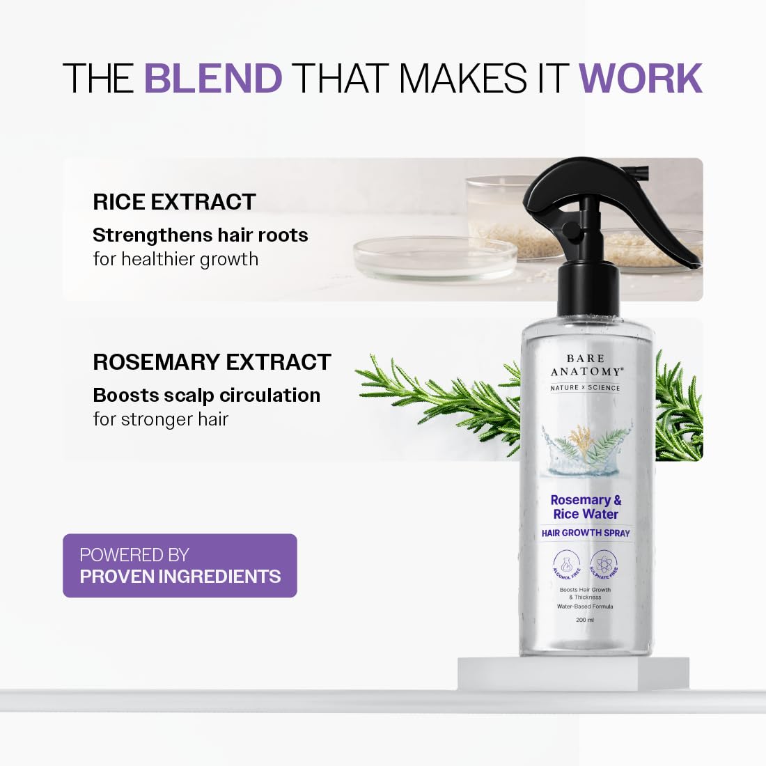 Bare Anatomy application spritzed at hair roots demonstrating scalp nourishment and manageability