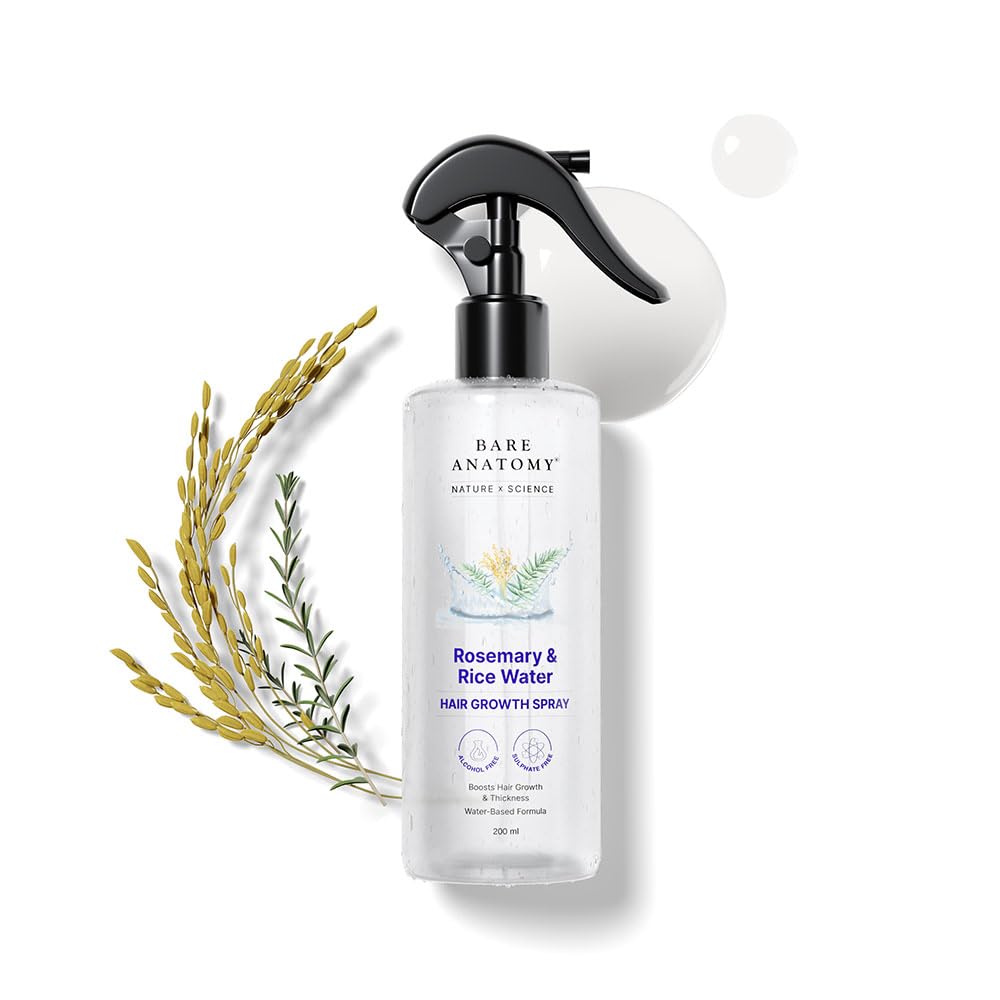Bare Anatomy front packaging of rosemary and rice water spray showing 200ml bottle benefit of easy dosing