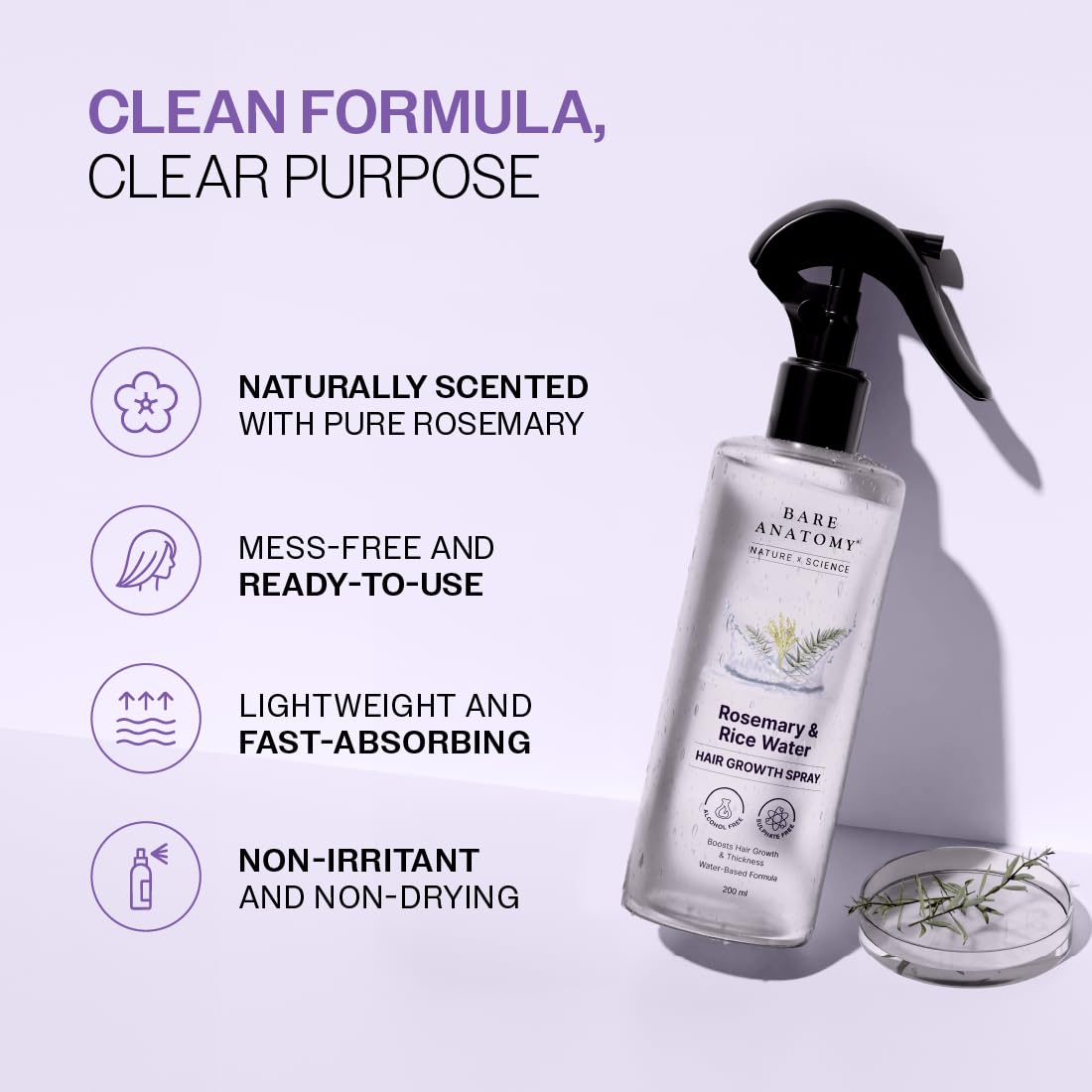 Bare Anatomy natural ingredients rosemary sprig and rice grains emphasizing plant-based conditioning
