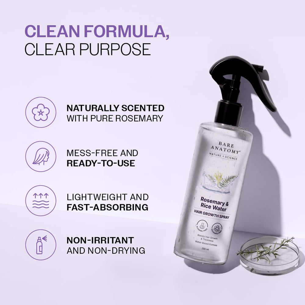 Bare Anatomy natural ingredients rosemary sprig and rice grains emphasizing plant-based conditioning