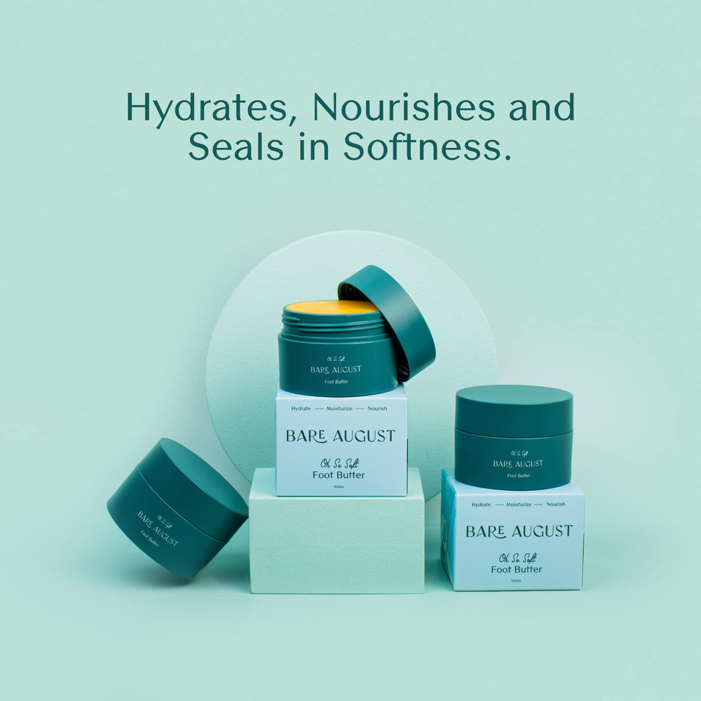 Bare August Foot Cream label closeup showcases natural butters and waxes.