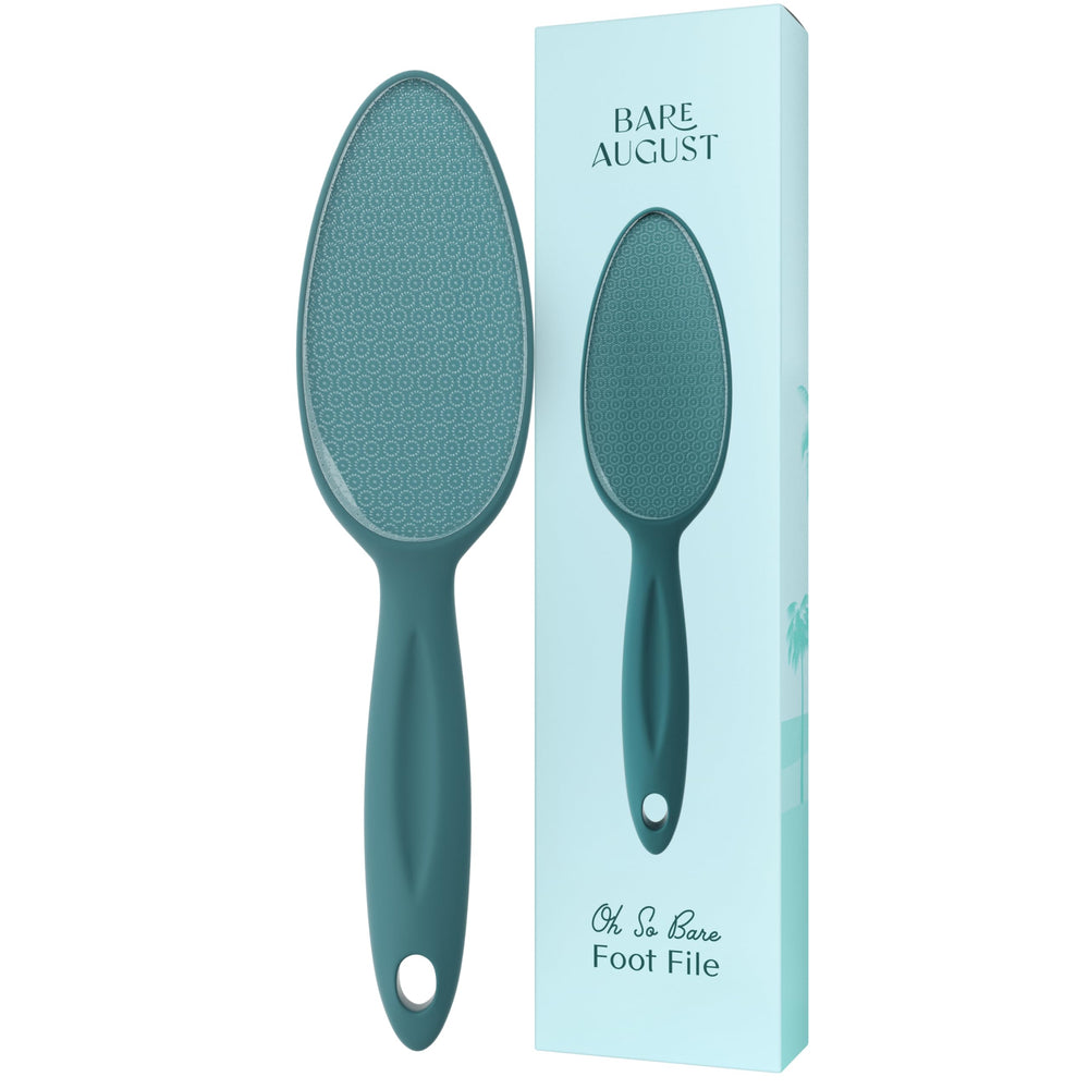 Bare August glass foot file with handle provides gentle exfoliation for smooth feet.
